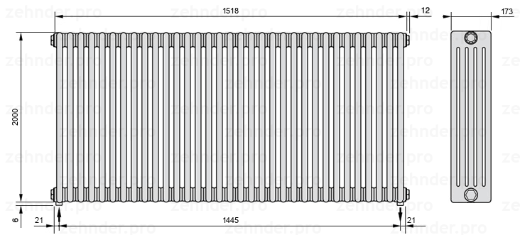 Схема (чертеж) Радиатор Zehnder Charleston 5200/33 №3570 Белый глянцевый RAL 9016